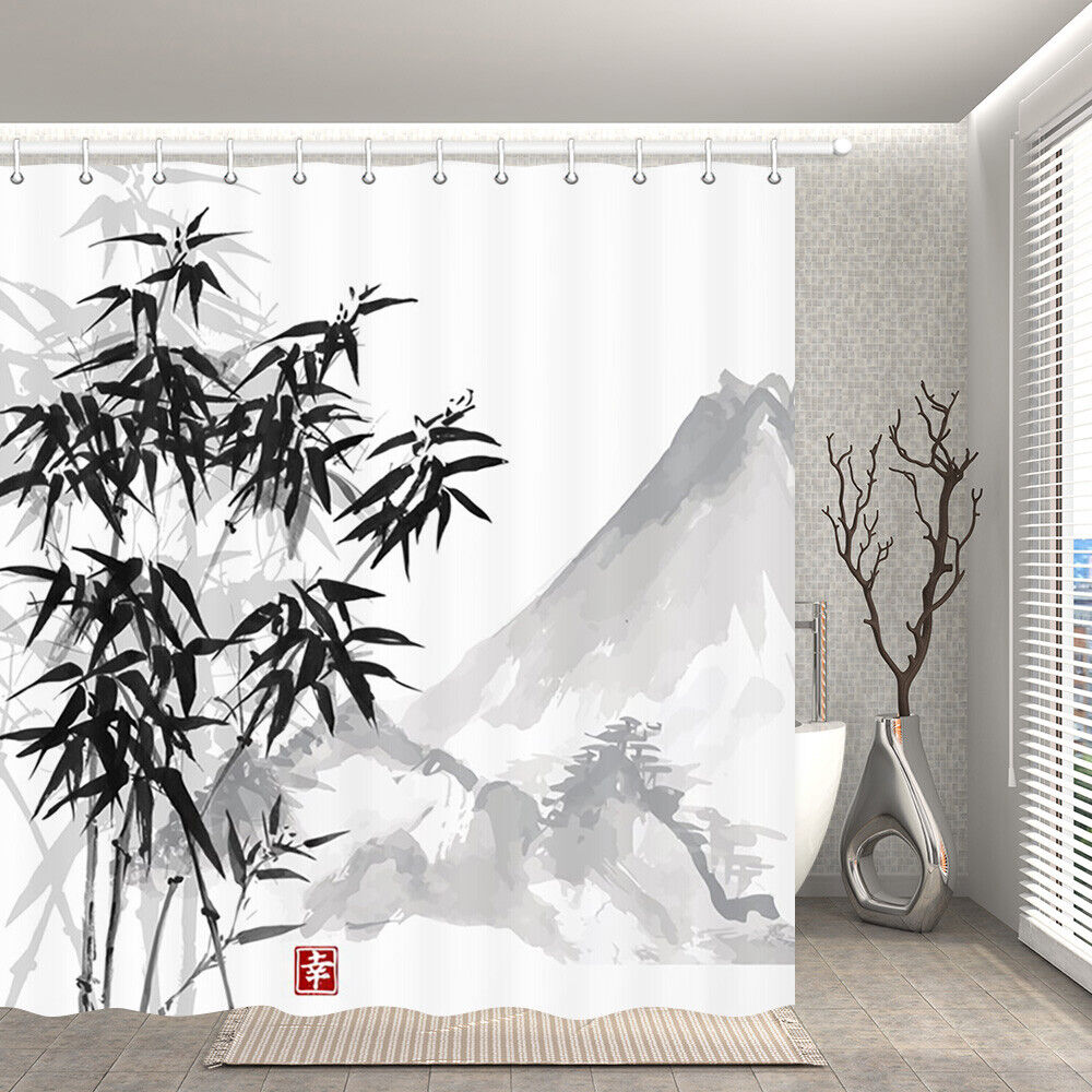 Japanese Ink Painting Bamboo And Mountain Shower Curtain Home Decor Bathroom Curtain