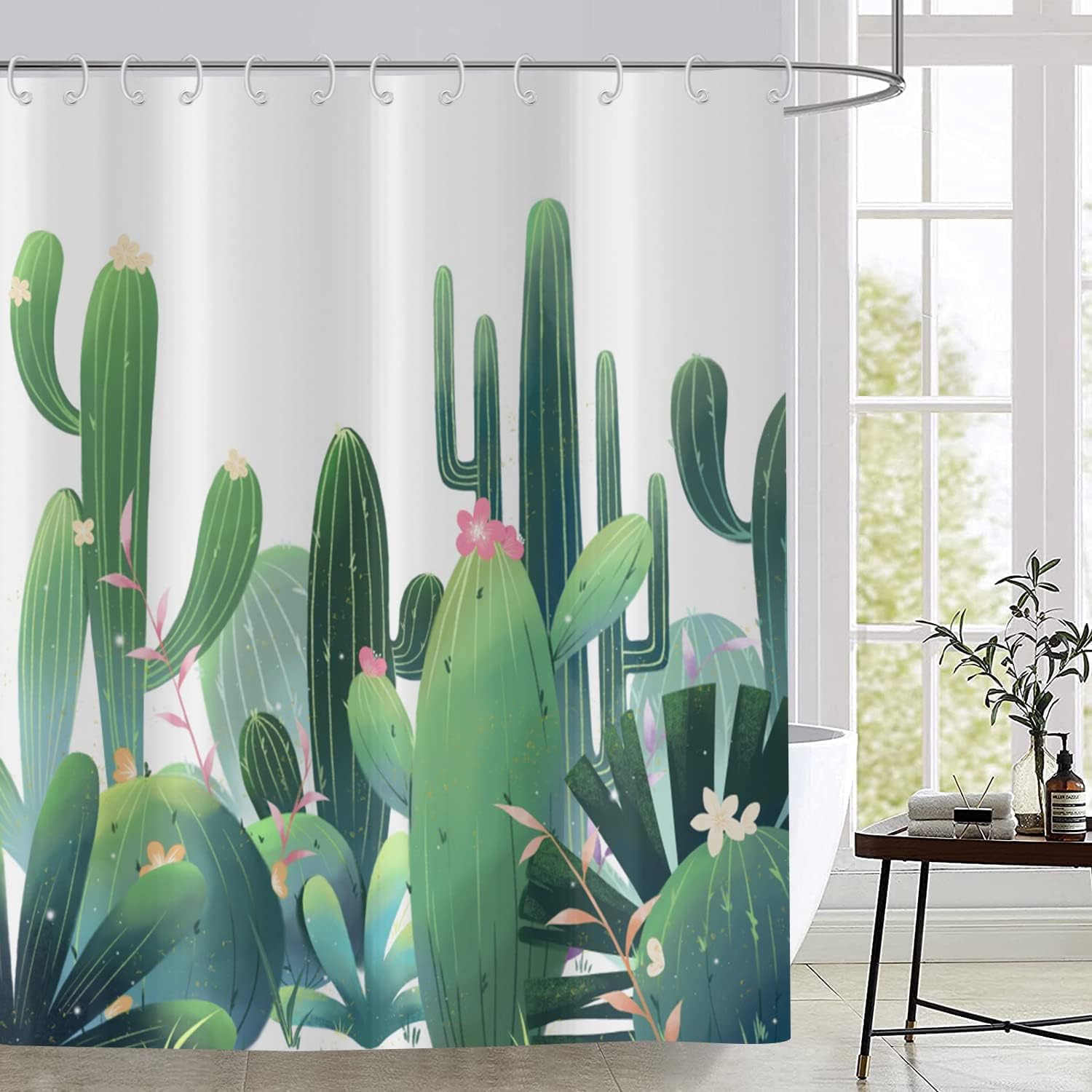 Green Cactus Watercolor Plant Floral Shower Curtain Home Decor Bathroom Curtain