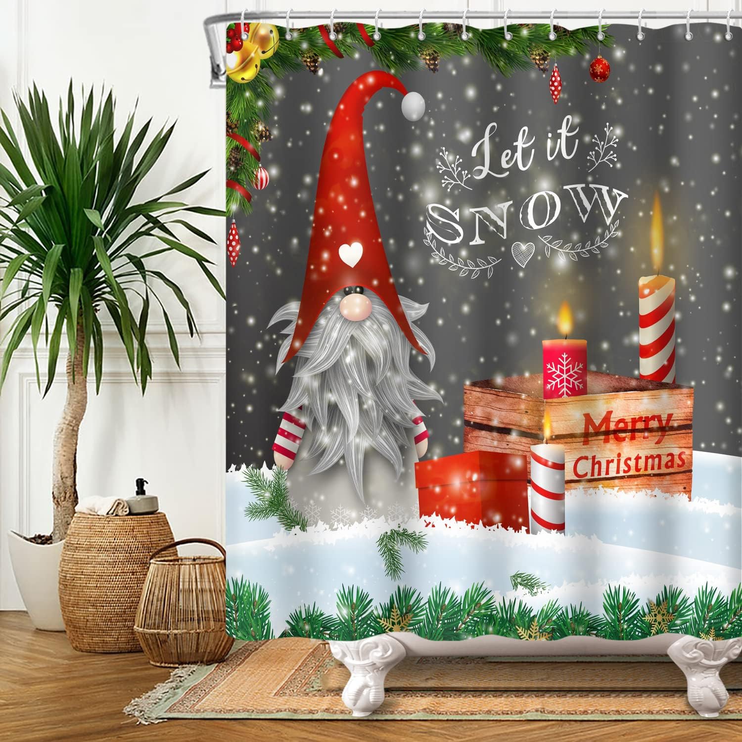 Christmas Red Gnome Snowflake Shower Curtain Home Decor Bathroom Curtain