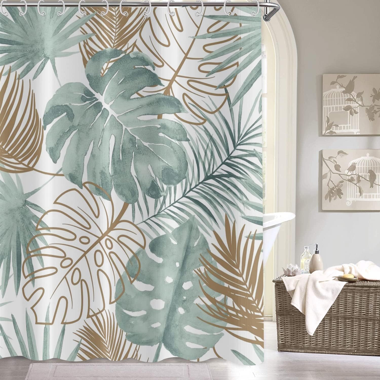 Green Boho Palm Leaf Watercolor Shower Curtain Bathroom Decor