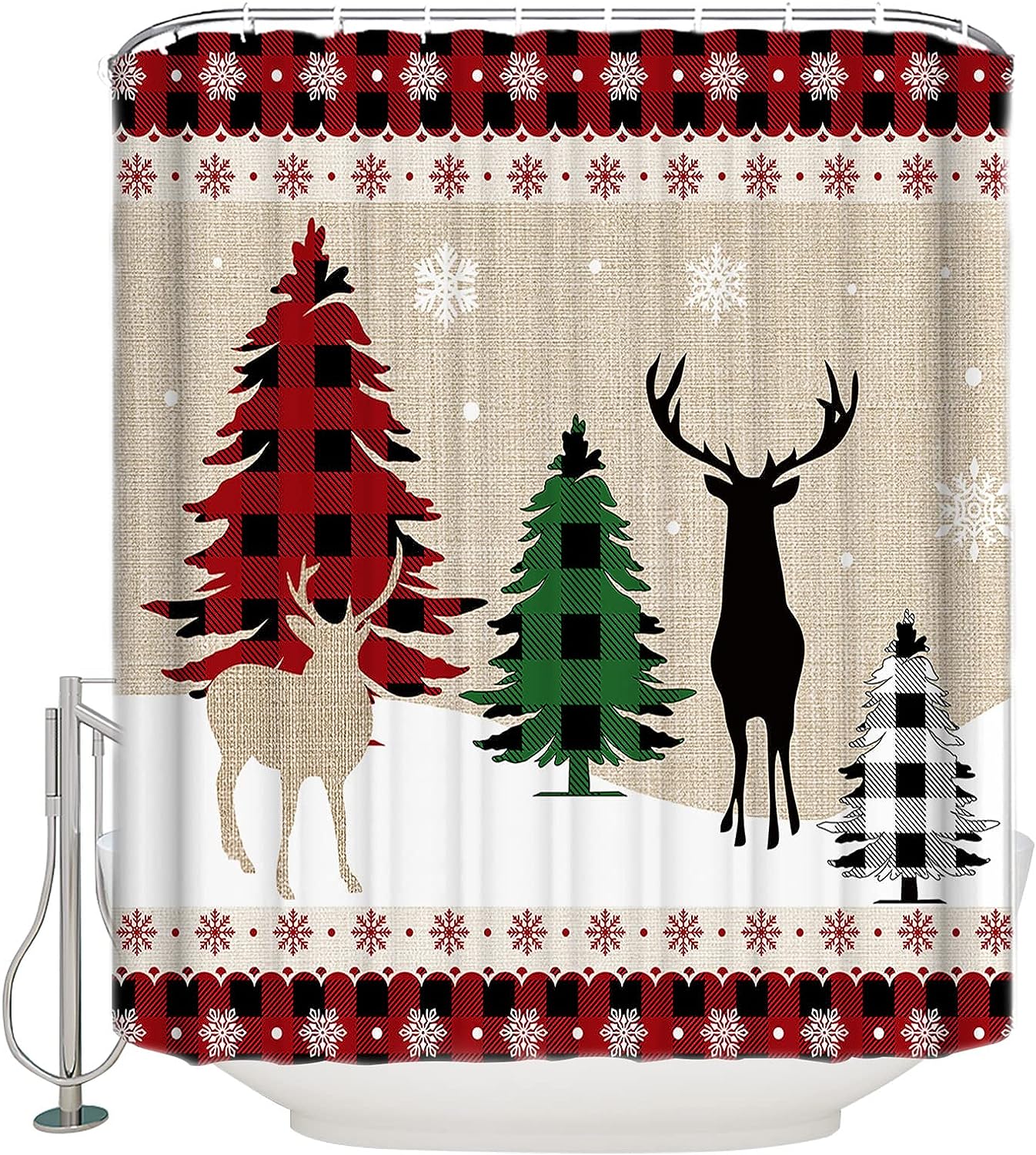 Snowflake Xmas Tree Reindeer Buffalo Plaid Shower Curtain Cozy Christmas Bathroom Decor