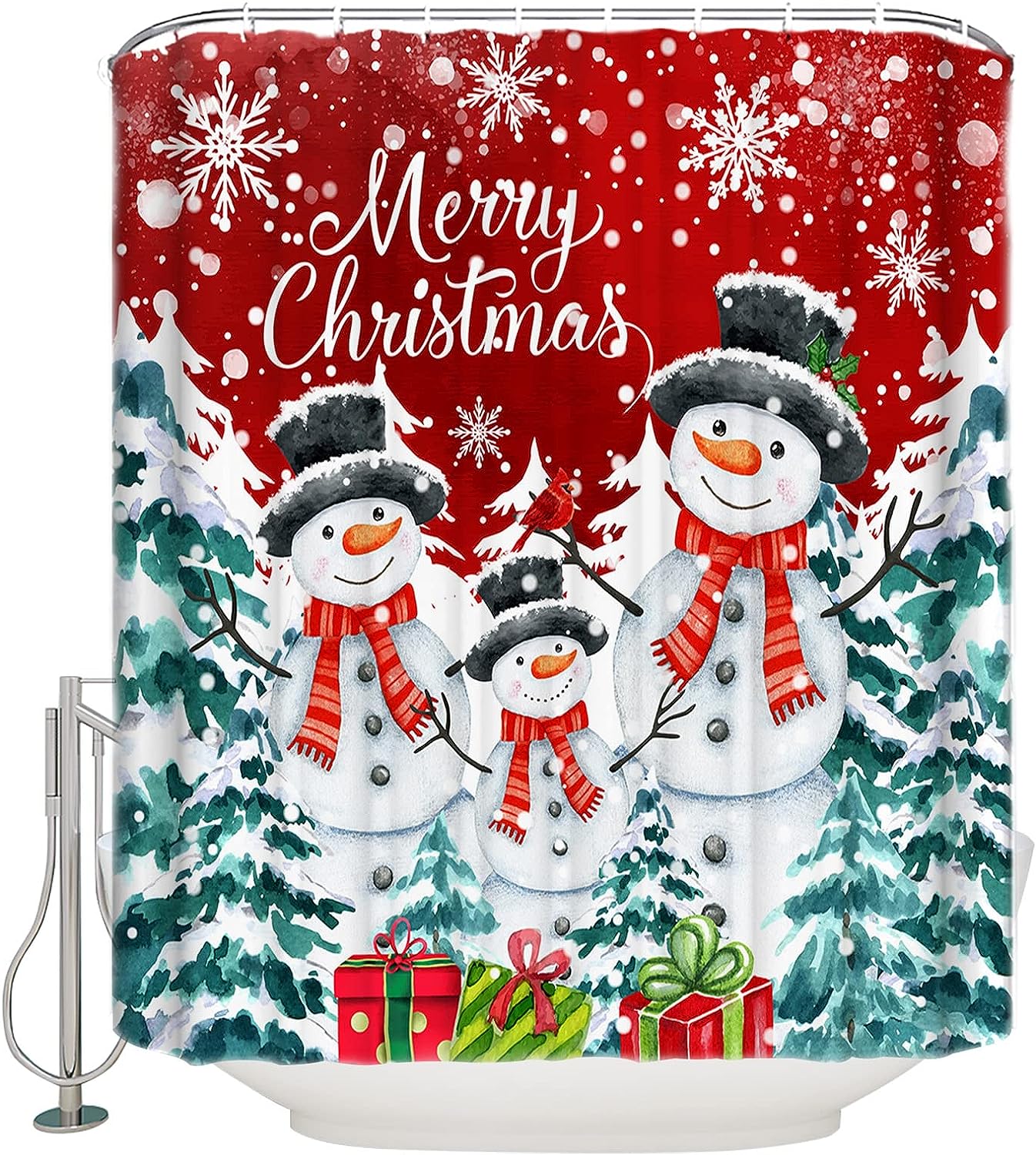 Snowman Xmas Tree Gift Snowflake Shower Curtain Home Decor Bathroom Curtain