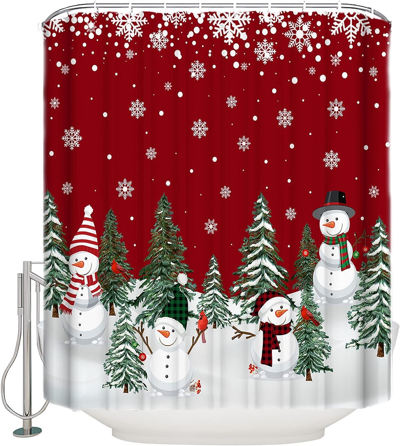 Snowflake Xmas Tree Cute Snowman Shower Curtain Playful Christmas Bathroom Decor