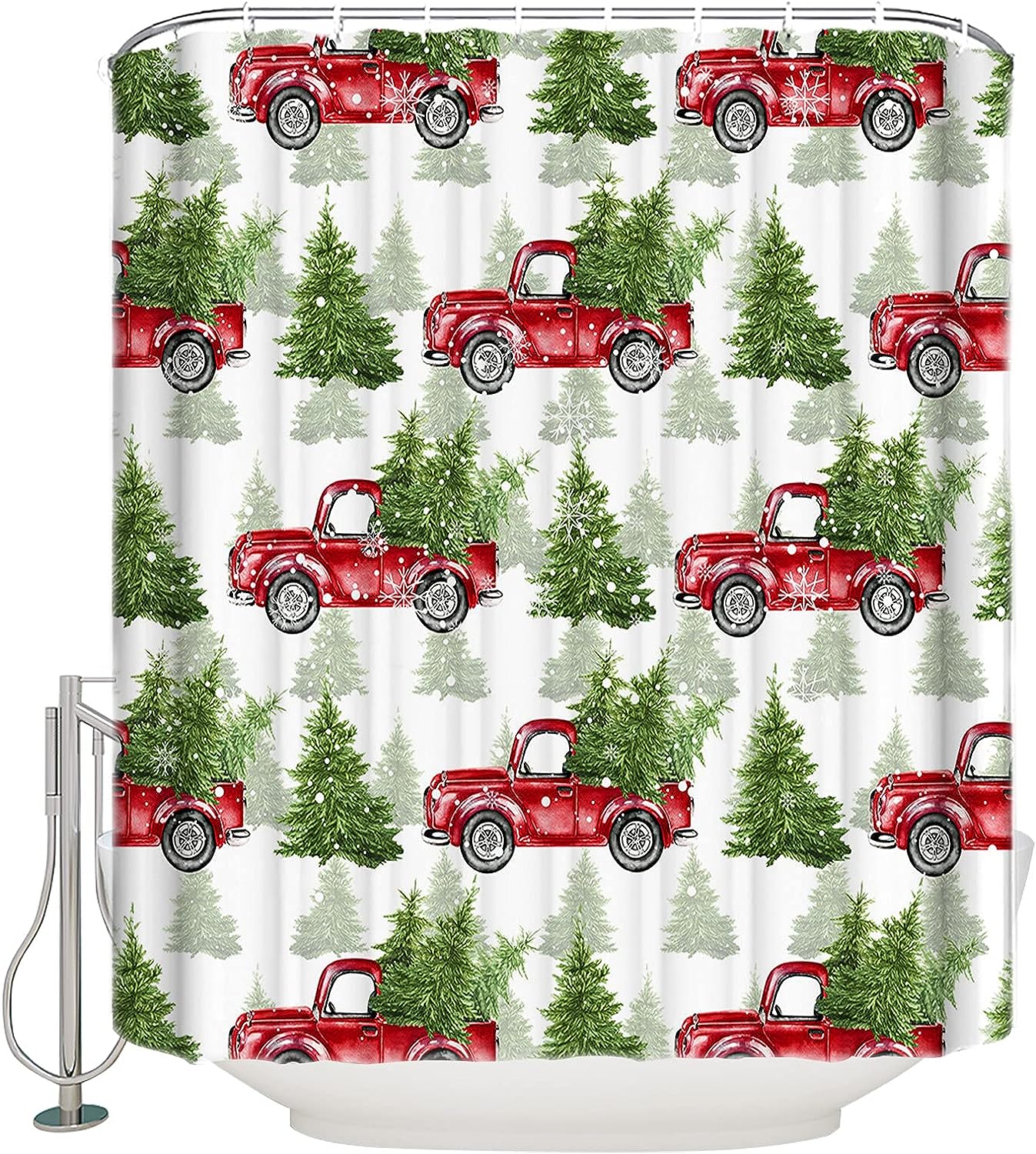 Snowflake Xmas Tree Farmhouse Red Truck Shower Curtain Vintage Christmas Bathroom Decor