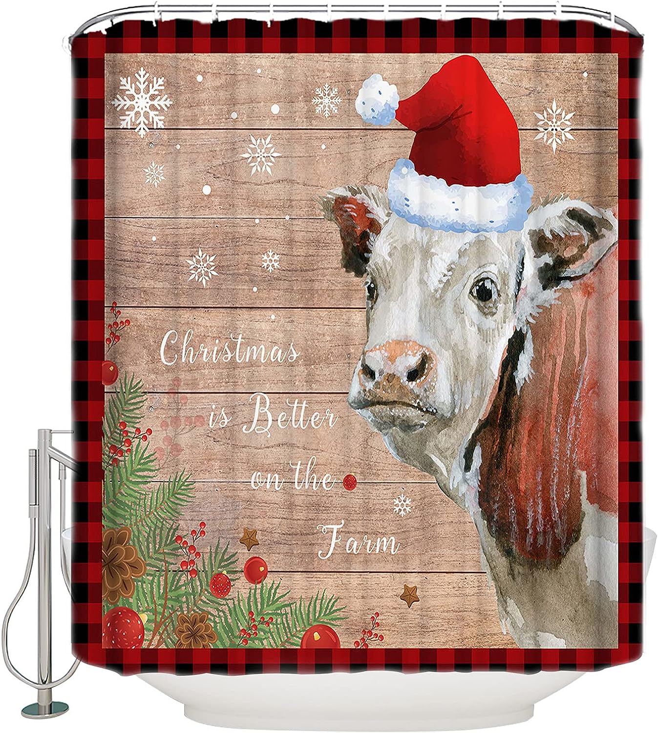 Snowflake Wood Farm Cattle Shower Curtain Rustic Christmas Bathroom Decor