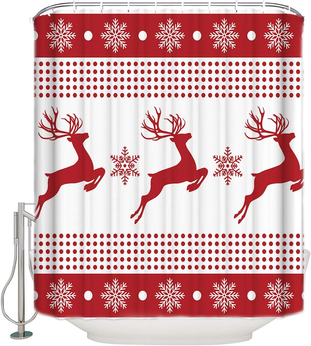 Snowflake Reindeer Elk Red Shower Curtain Festive Christmas Bathroom Decor