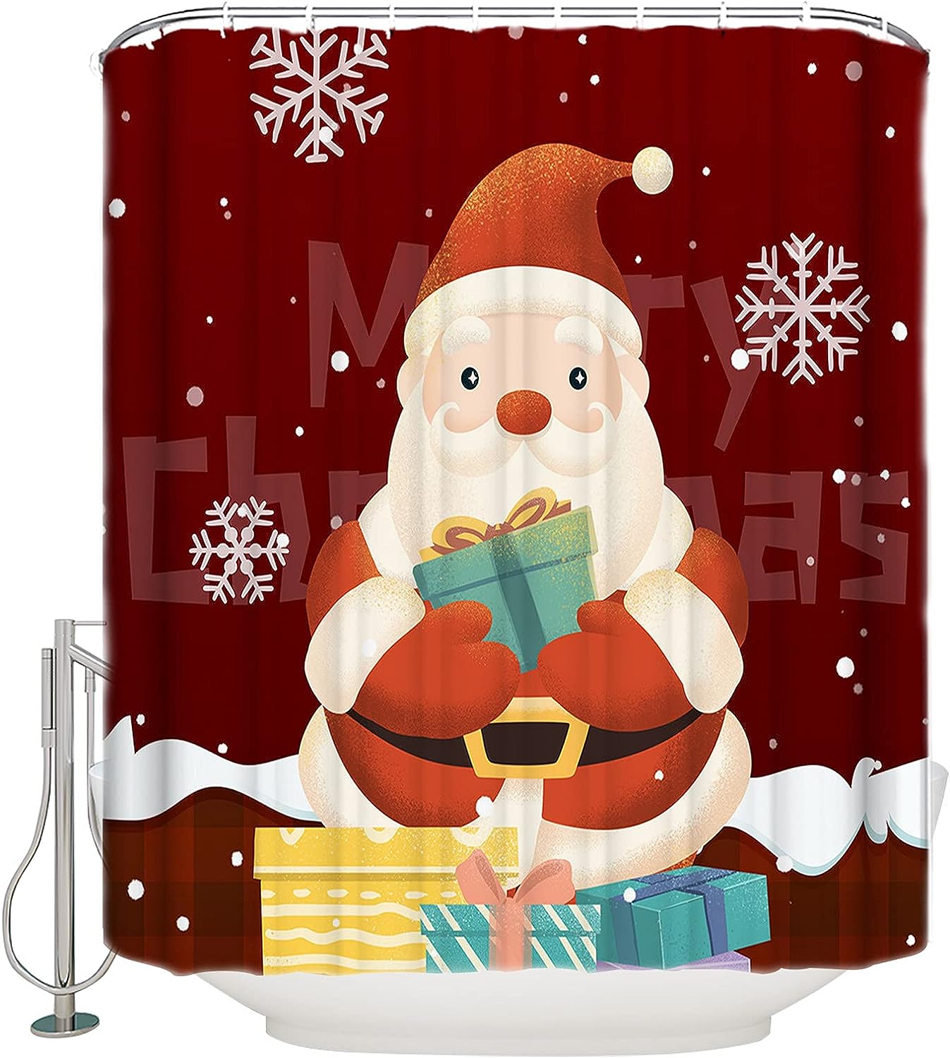 Snowflake Santa Claus Gift Shower Curtain Jolly Christmas Bathroom Decor
