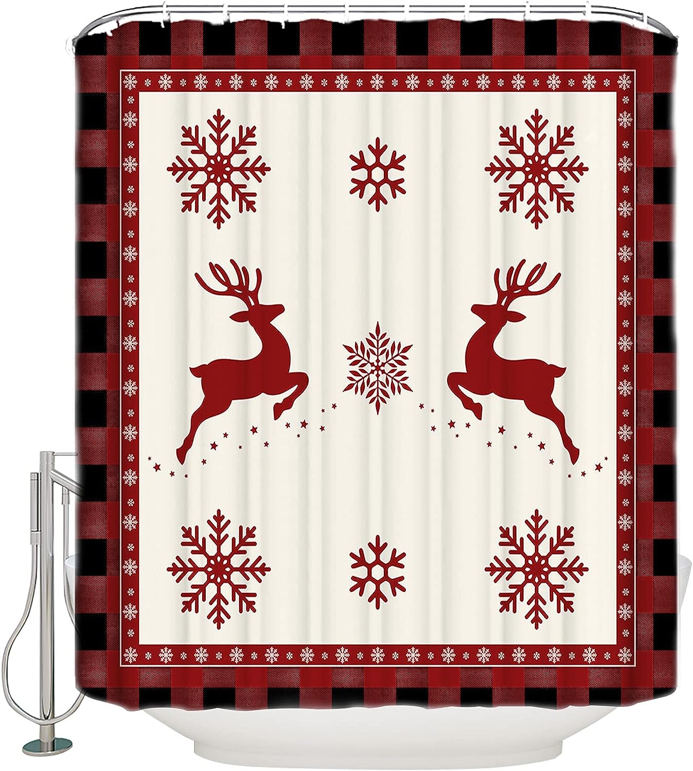 Snowflake Reindeer Elk Red Buffalo Plaid Shower Curtain Rustic Christmas Bathroom Decor
