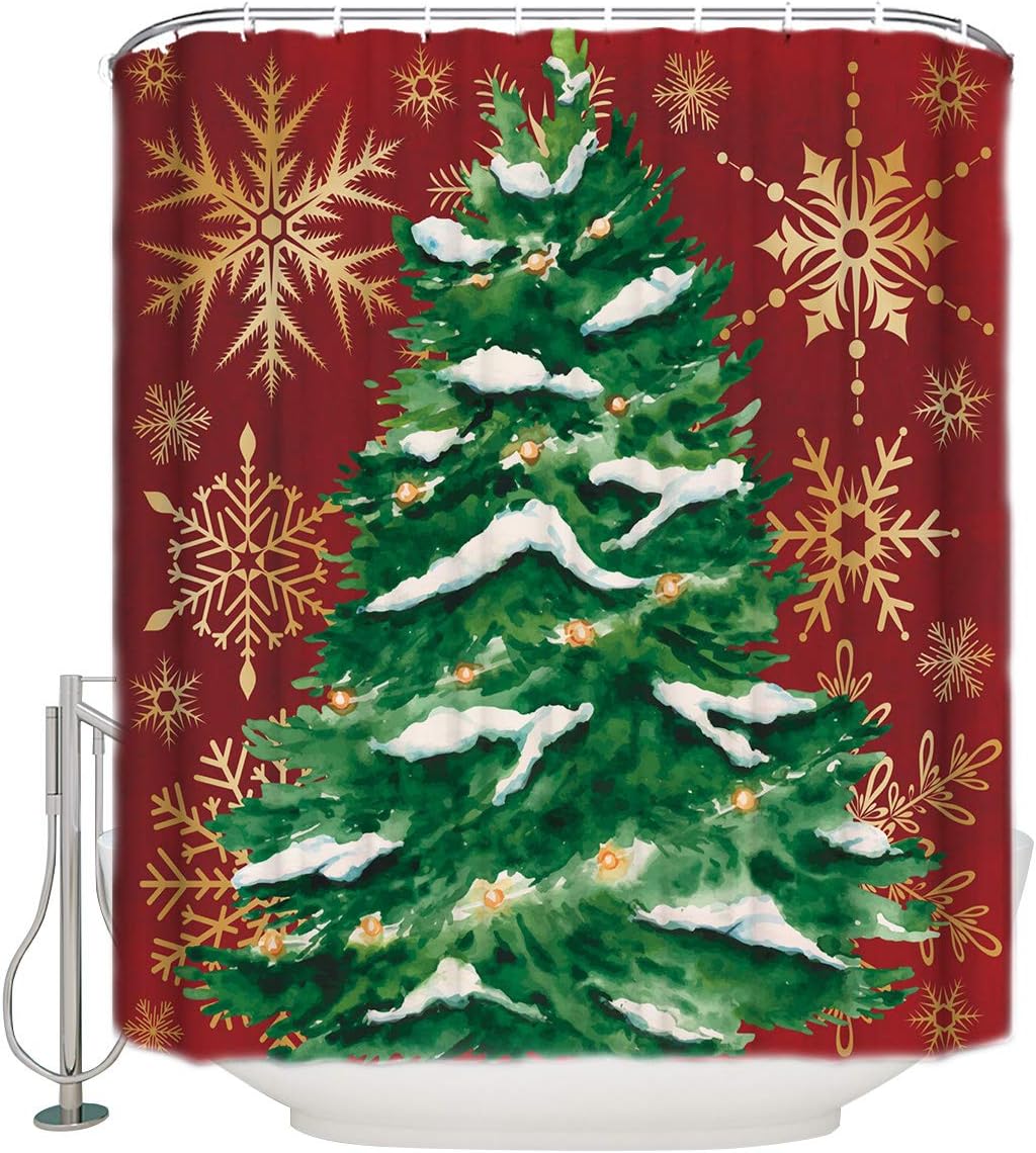 Farmhouse Xmas Tree Snowflake Red Shower Curtain Farmhouse Christmas Bathroom Decor