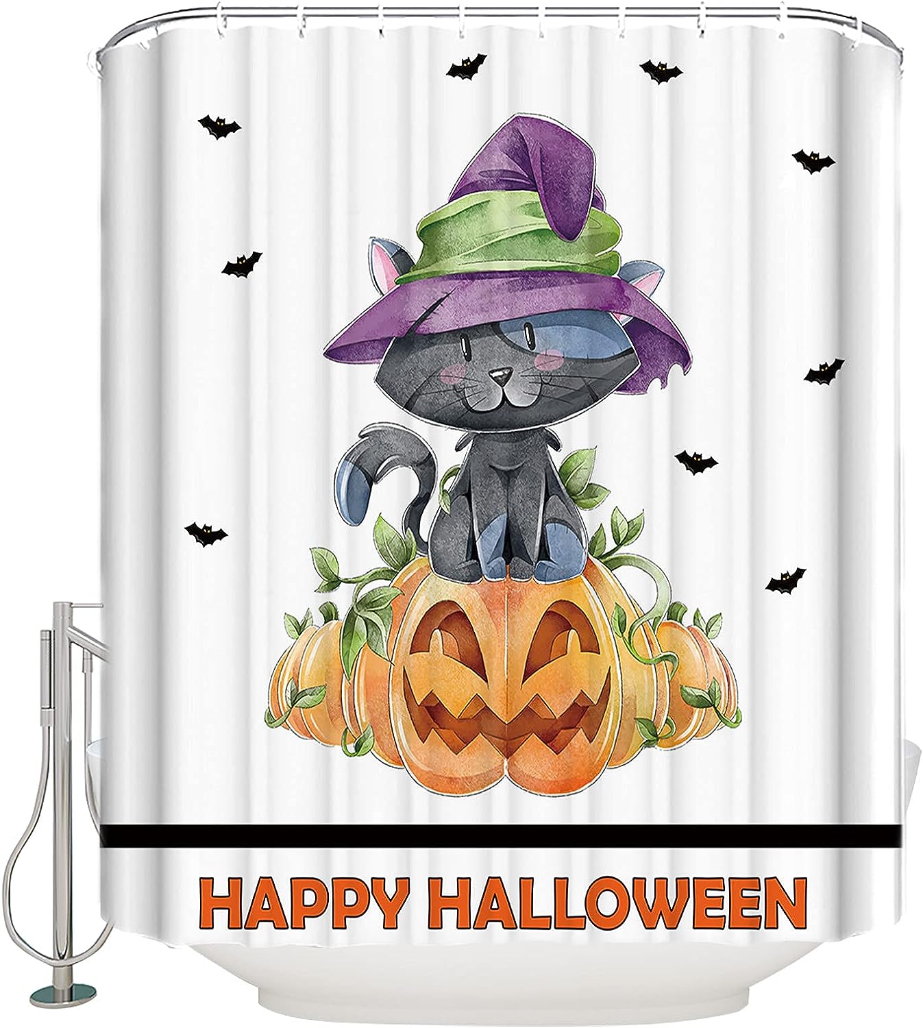 Halloween Bats Black Cat Owl Pumpkins Shower Curtain Spooky Bathroom Decor