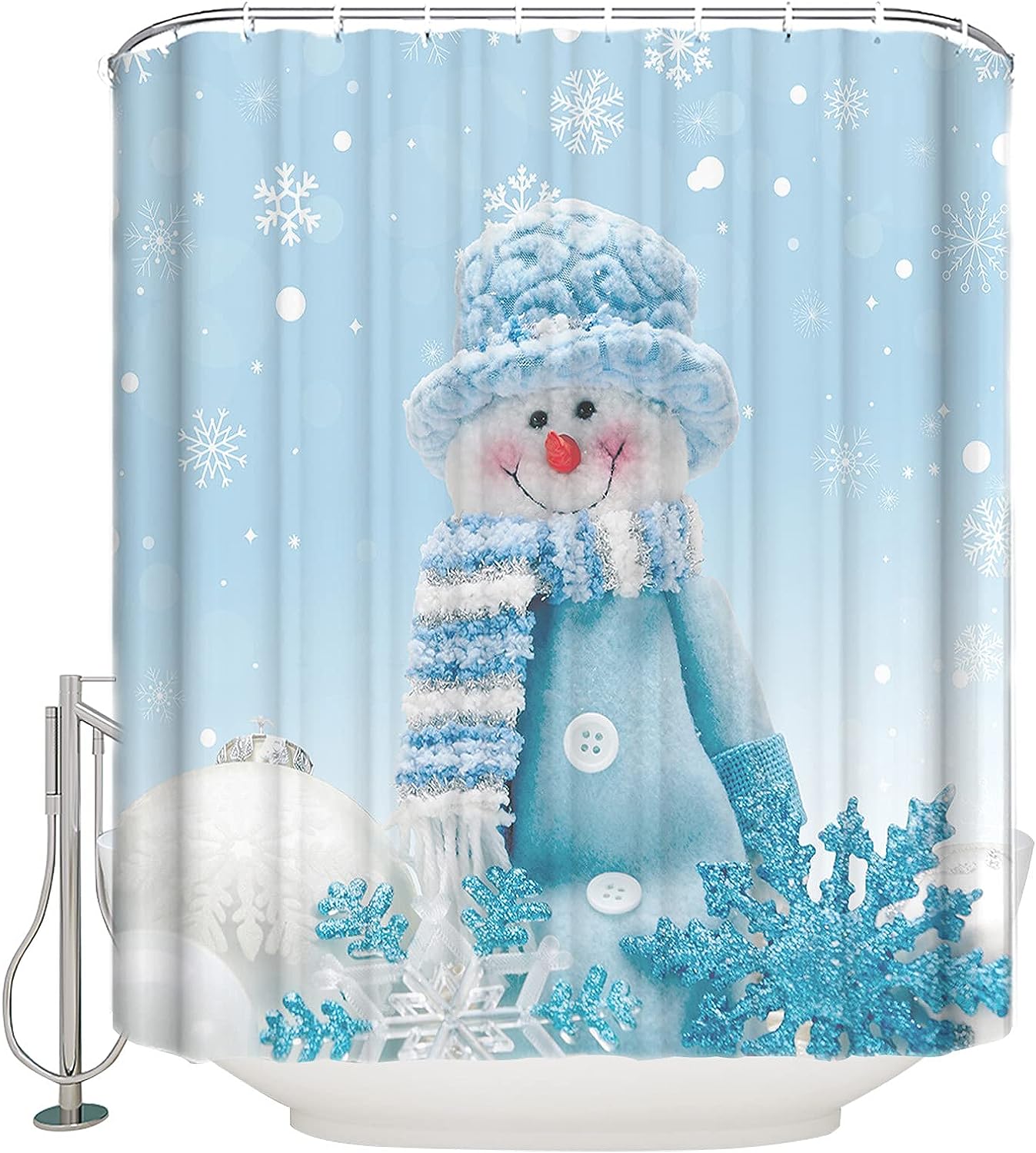 Cute Blue Snowman Snowflake Shower Curtain Christmas Bathroom Decor
