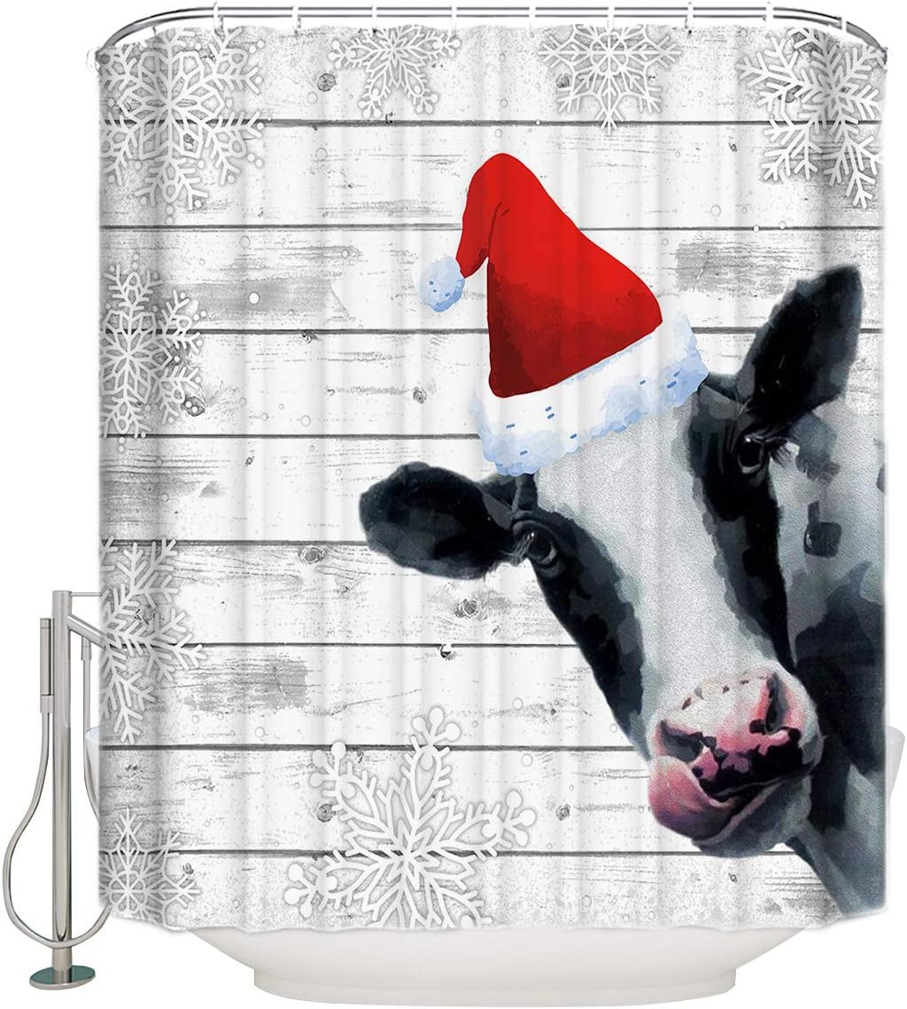 Dairy Cow Animal Snowflake White Wood Farm Christmas Shower Curtain For Home Bathroom Decor
