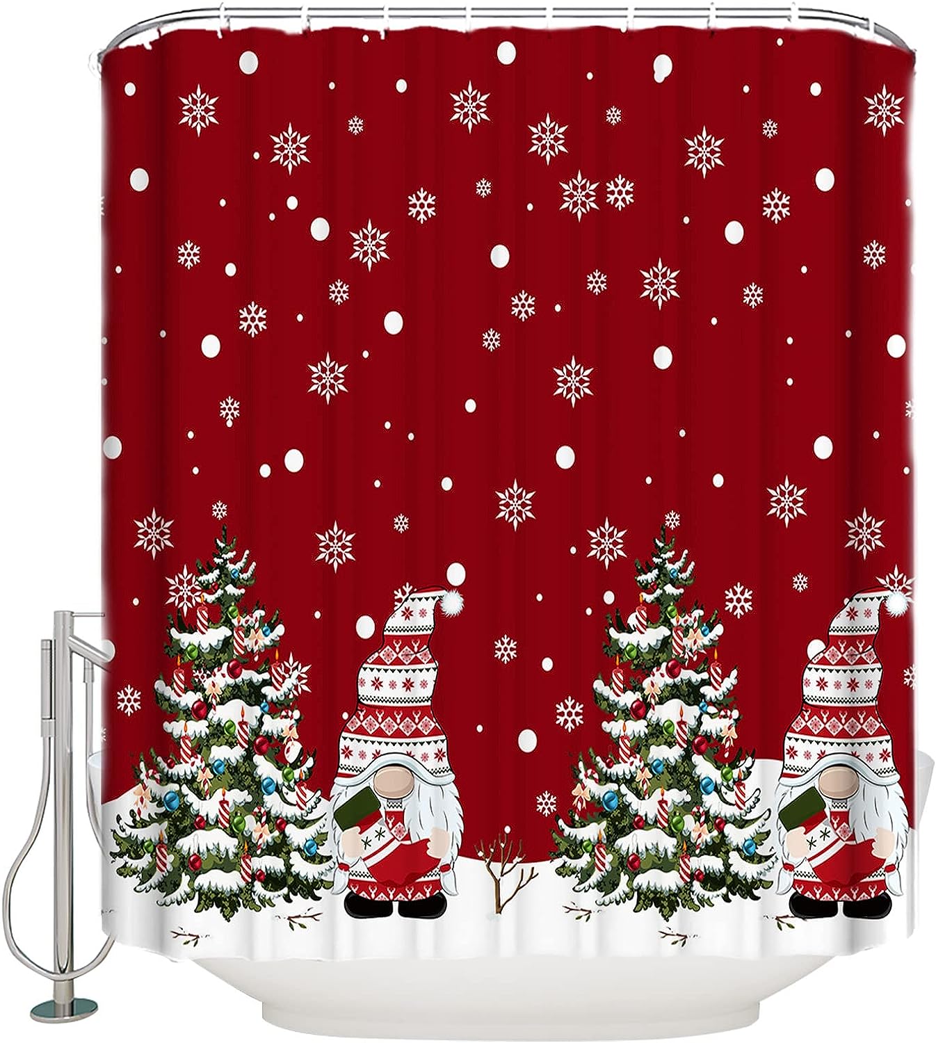 Gnome Snowflake Xmas Tree Ornaments Balls Shower Curtain Whimsical Christmas Bathroom Decor