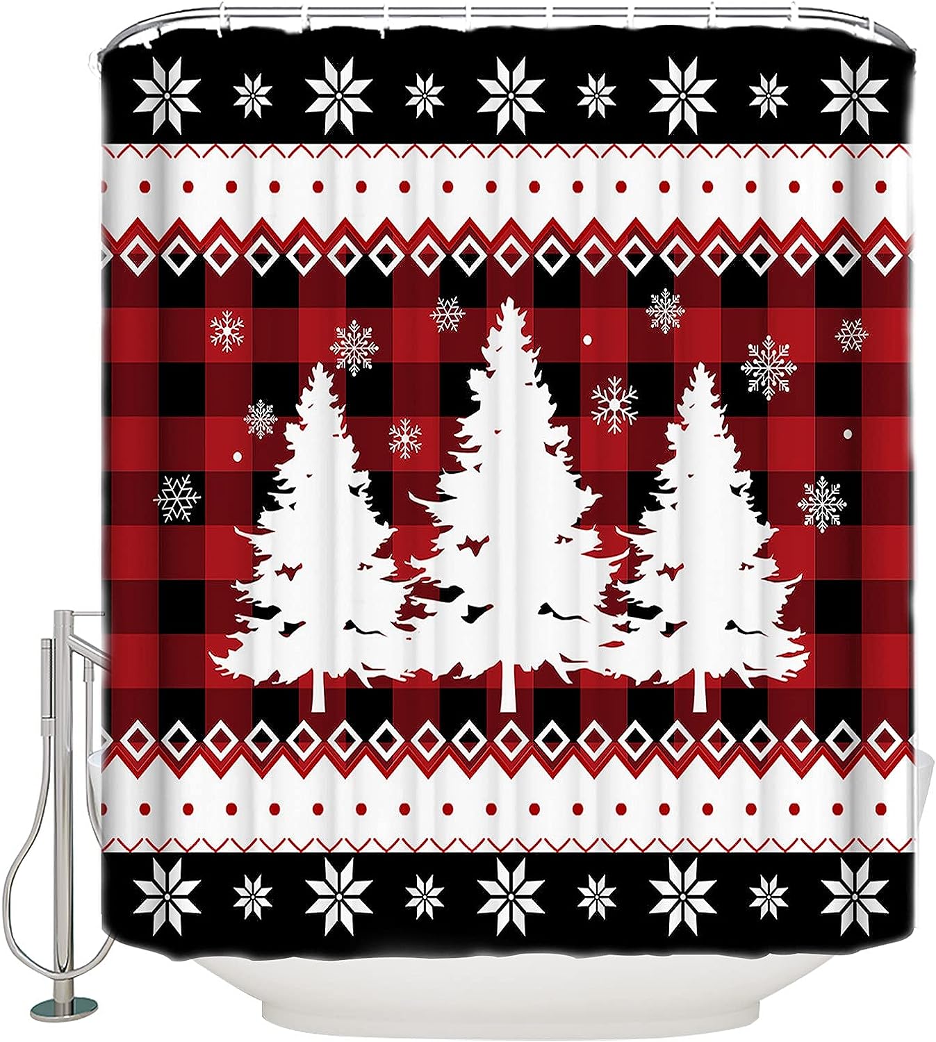 Pine Xmas Tree Snowflake Red Buffalo Plaid Shower Curtain Buffalo Plaid Christmas Bathroom Decor