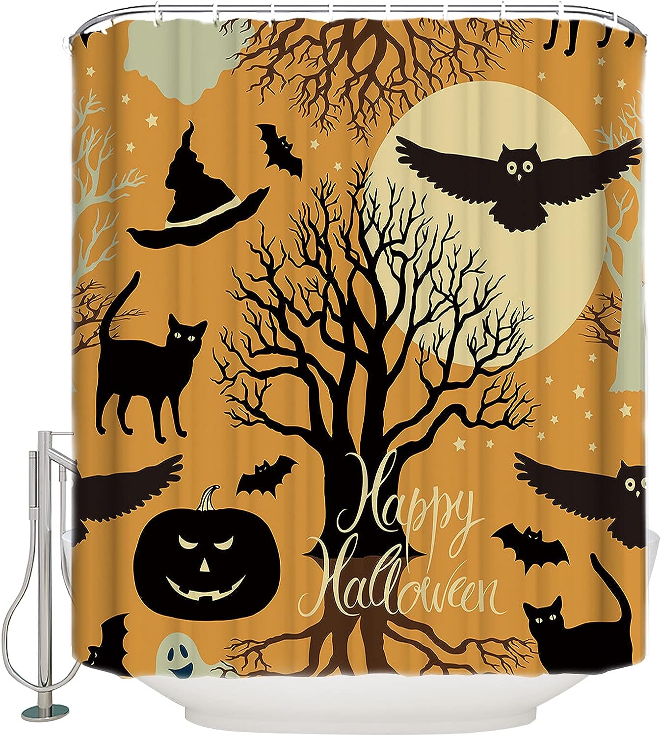 Pumpkin Bats Black Cat Owl Shower Curtain Halloween Bathroom Decor