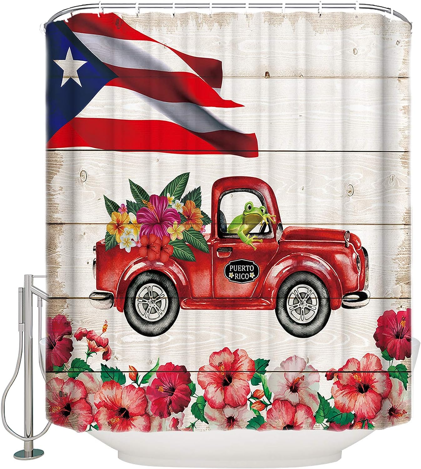 Flag Frog Hibiscus Truck Shower Curtain Patriotic Bathroom Decor