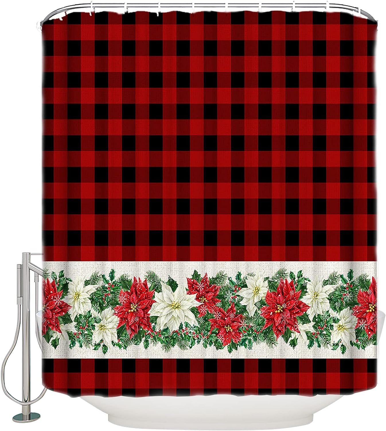Poinsettia Snowflake Red Black Buffalo Plaid Shower Curtain Sophisticated Christmas Bathroom Decor