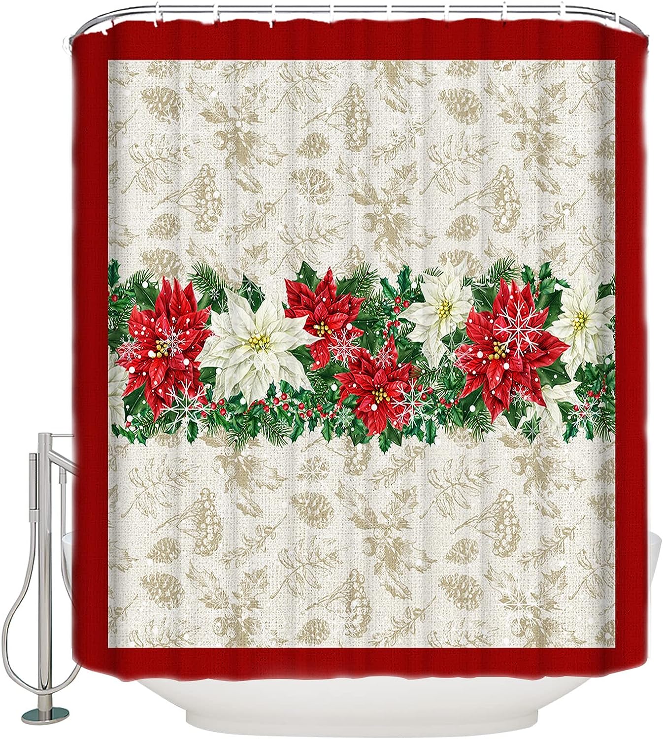 Poinsettia Berry Snowflake Shower Curtain Elegant Christmas Bathroom Decor