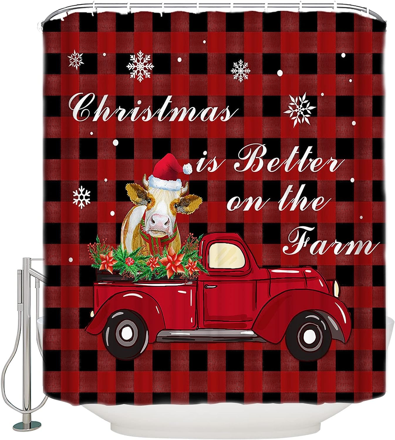 Farm Cattle Red Truck Snowflake Shower Curtain Rustic Christmas Bathroom Decor