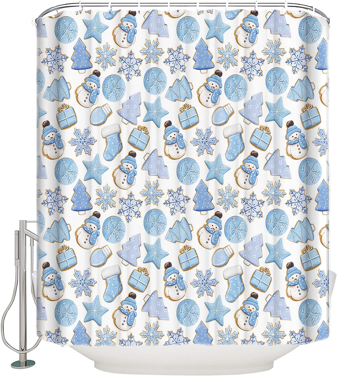 Christmas Blue Gingerbread Snowflake Snowman Shower Curtain For Home Bathroom Decor