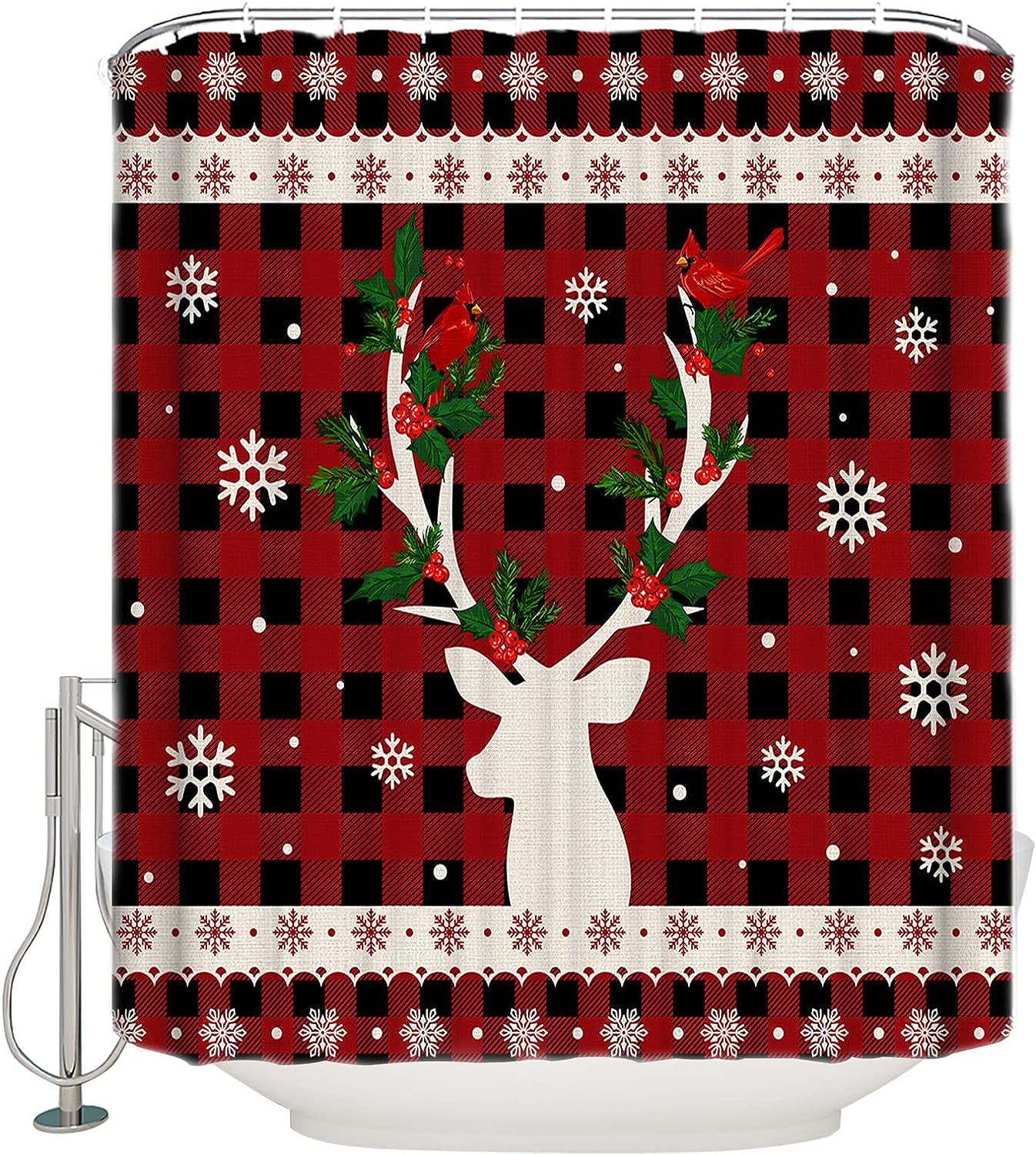Reindeer Cardinal Snowflake Buffalo Plaid Shower Curtain Woodland Christmas Bathroom Decor