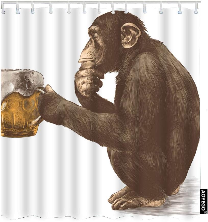 Orangutan Drinking Beer Shower Curtain Funny Monkey Bathroom Decor