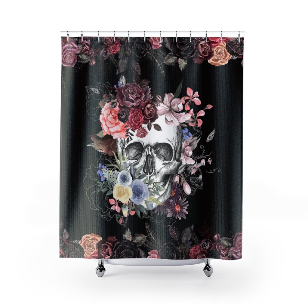 Gothic Red Roses Flower Pastel Skull Tattoo Retro Vintage Scary Horror Halloween Spooky Night Shower Curtain