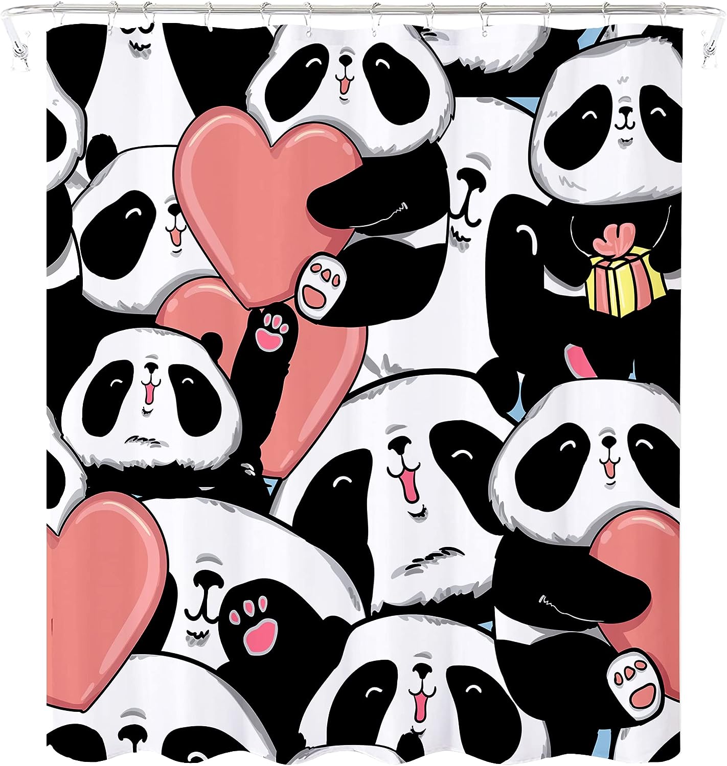 Panda Love Heart Shower Curtain Cute Cartoon Animal Pink Bathroom Decor