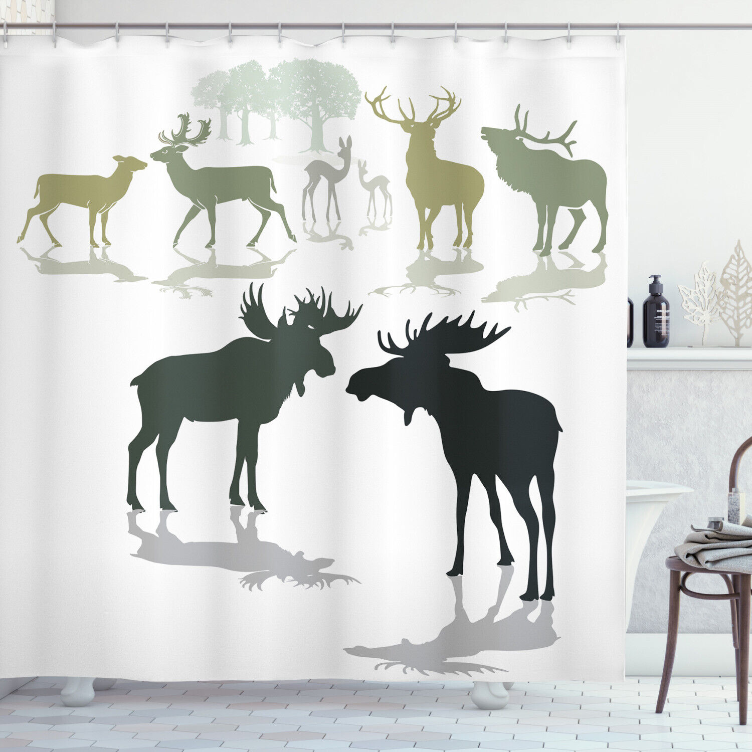 Forest Elk Antlers Shower Curtain Rustic Nature Bathroom Print
