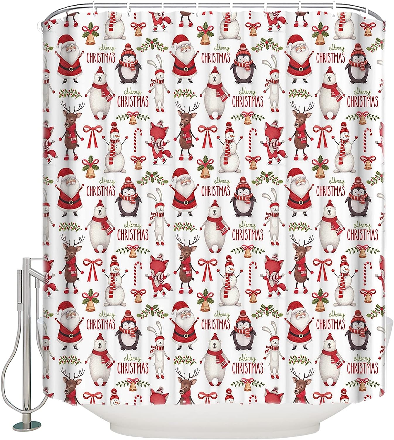 Christmas Shower Curtain Penguin And Polar Bear In Santa Hats Cute Holiday Bathroom Decor