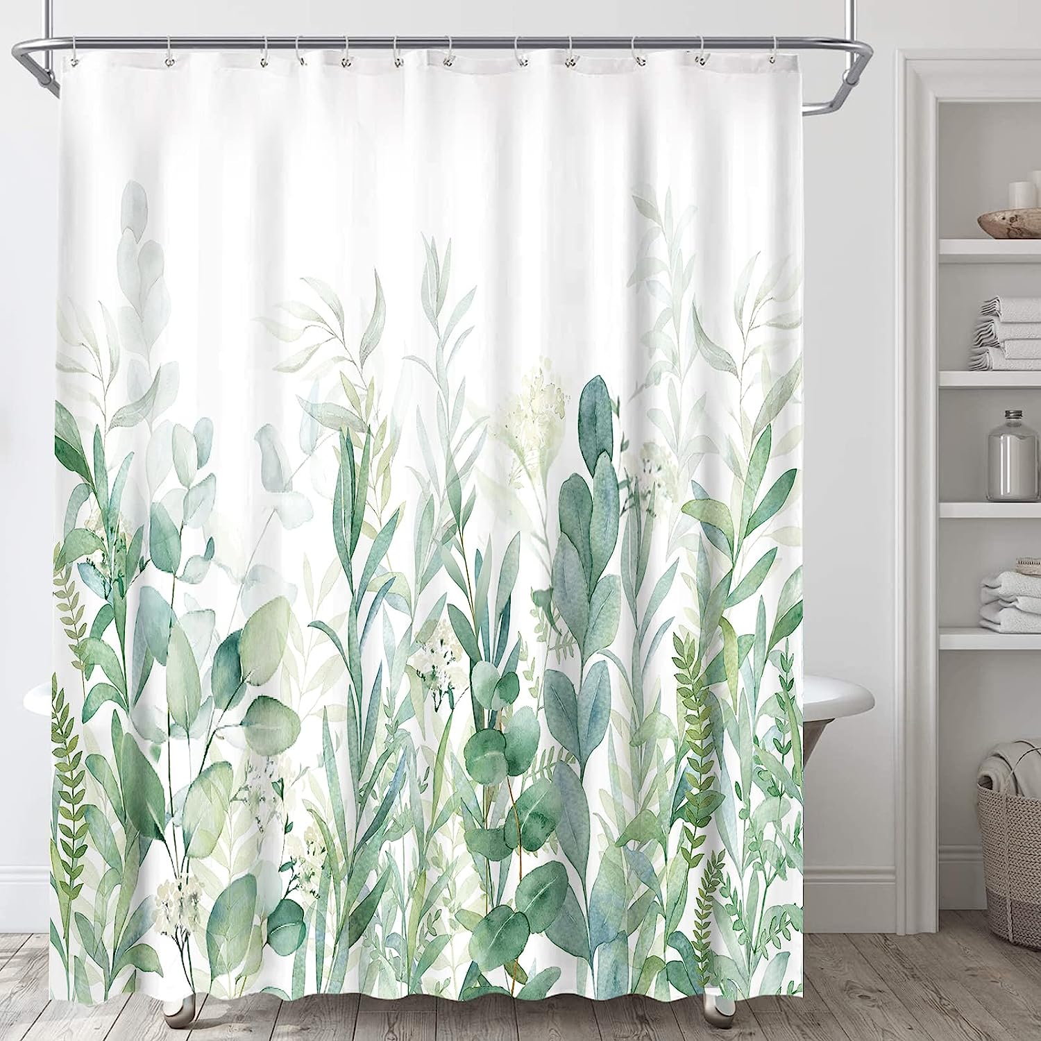 Green Watercolor Eucalyptus Plant Leaves Shower Curtain Botanical Bathroom Decor