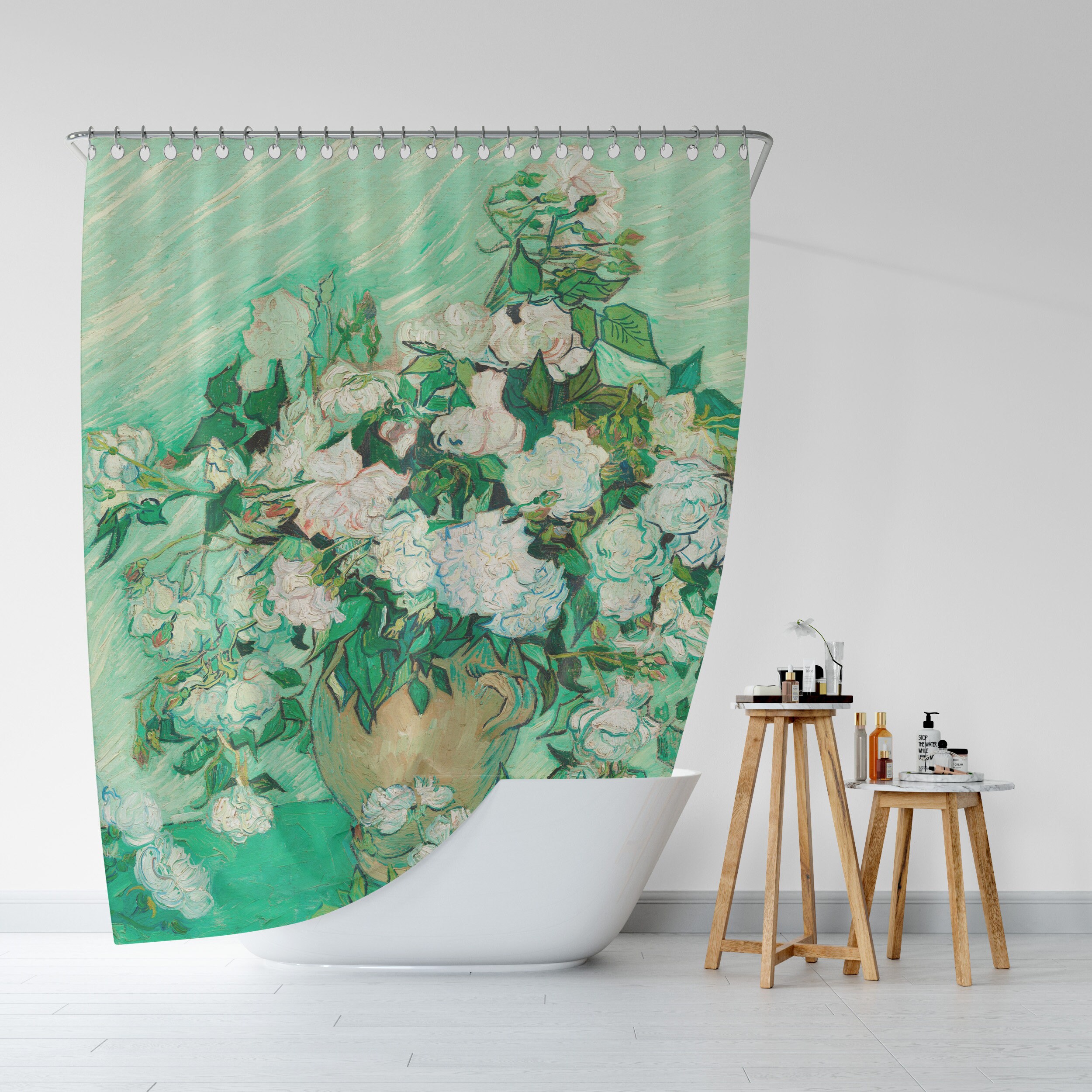 Pink Roses Fine Art Shower Curtain Antique Floral Bathroom Decor Gift