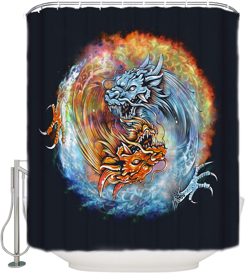 Eight Diagram Water And Fire Dragons Chinese Style Shower Curtain Waterproof Fabric For Bathroom Home Decoration