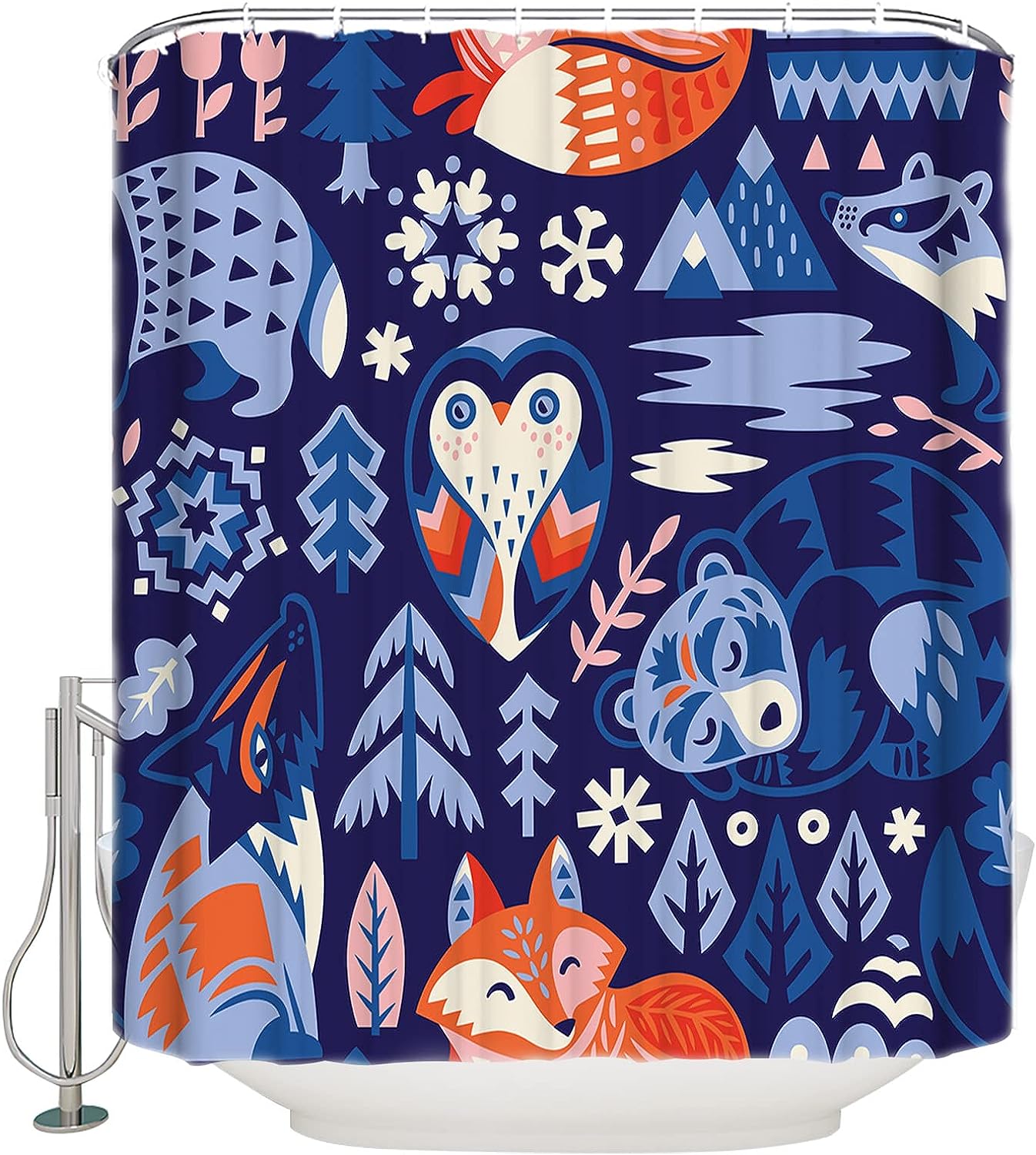 Hand-Painted Owl Fox Geometric Texture Shower Curtain Waterproof Fabric For Bathroom Decor