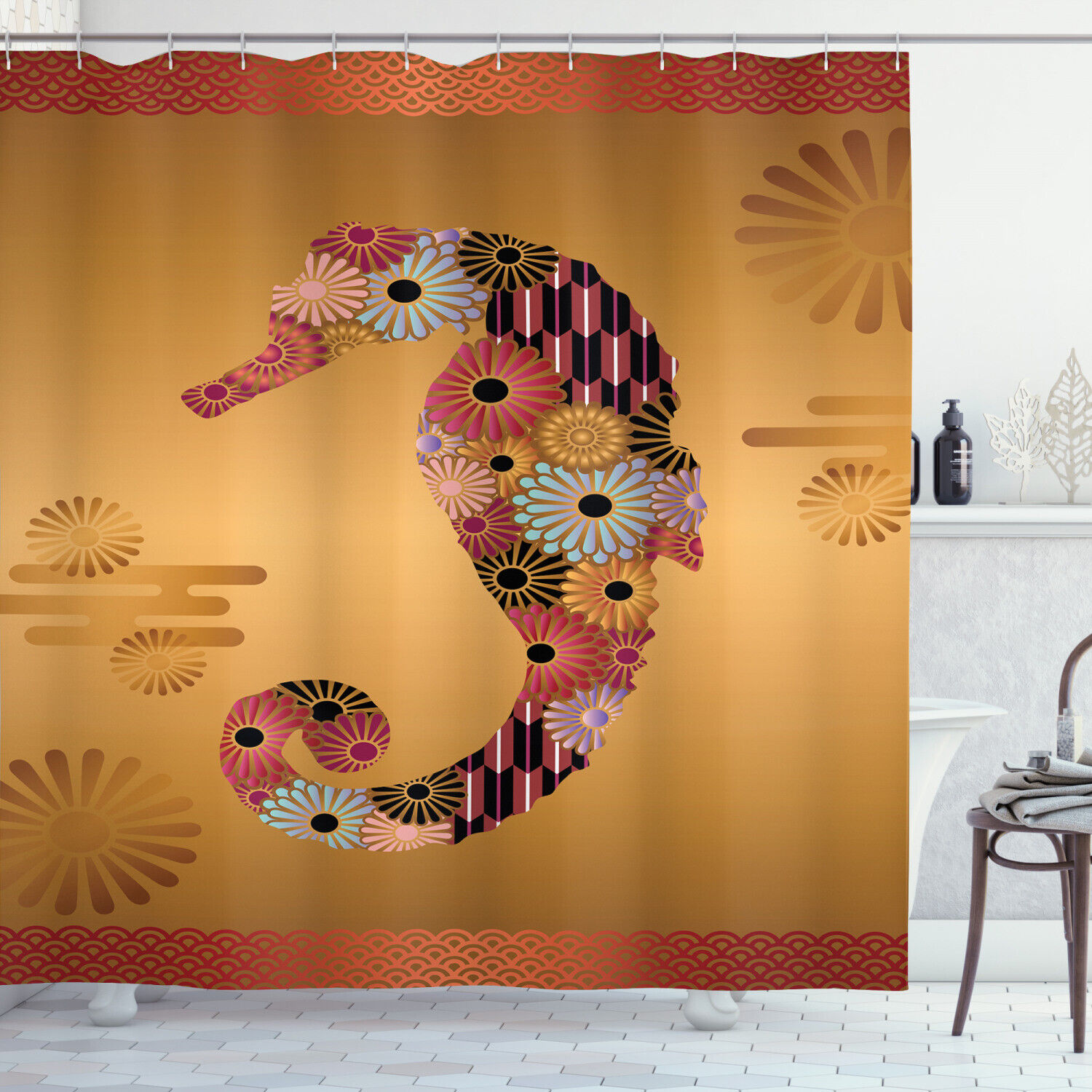 Seahorse Ornate Floral Shower Curtain For Bathroom Decor Animal Print
