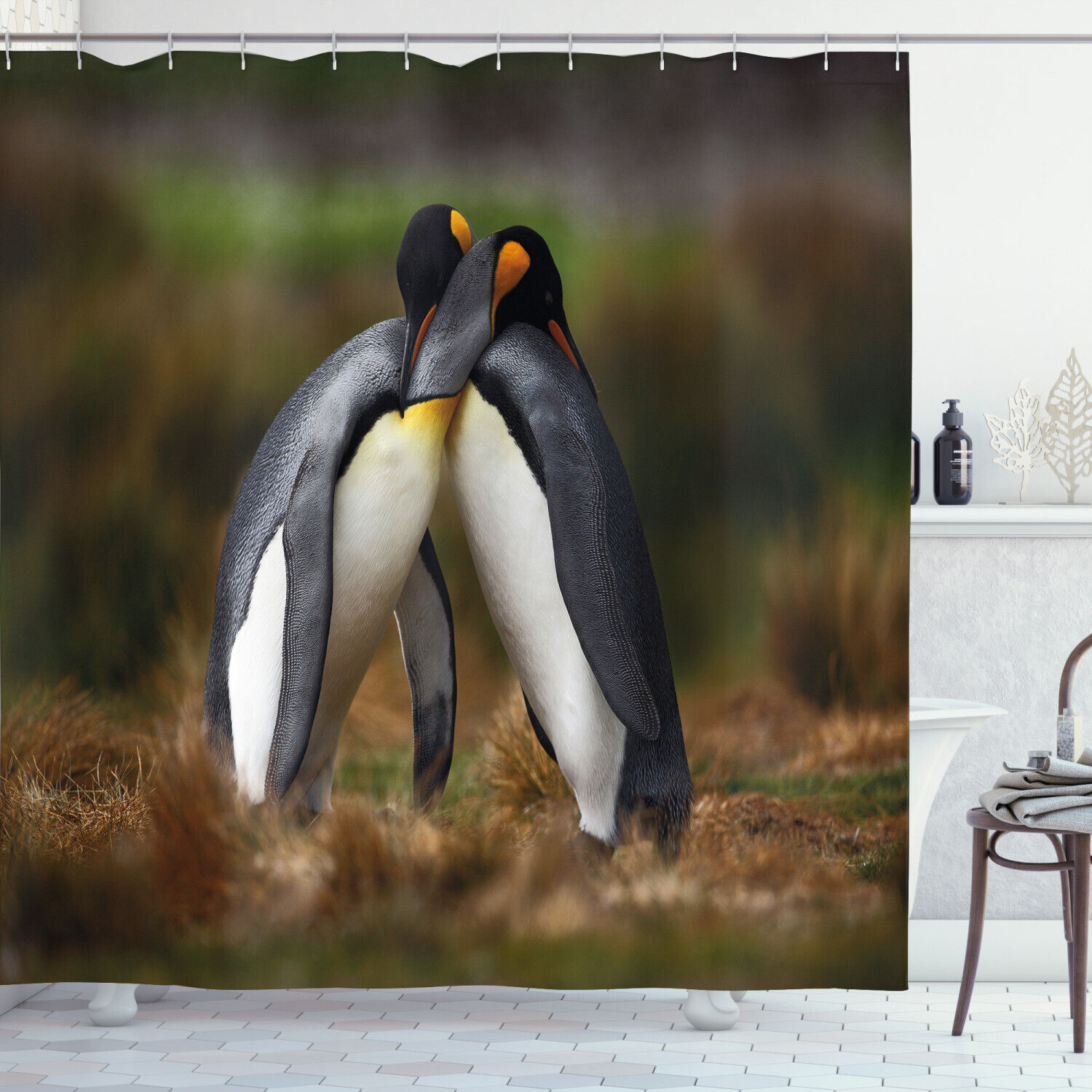 Penguin Couple Cuddling Shower Curtain For Bathroom Decor Animal Print