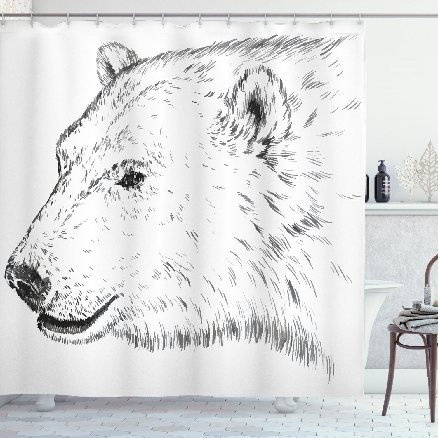 Polar Bear Face Sketchy Shower Curtain For Bathroom Decor Animal Print