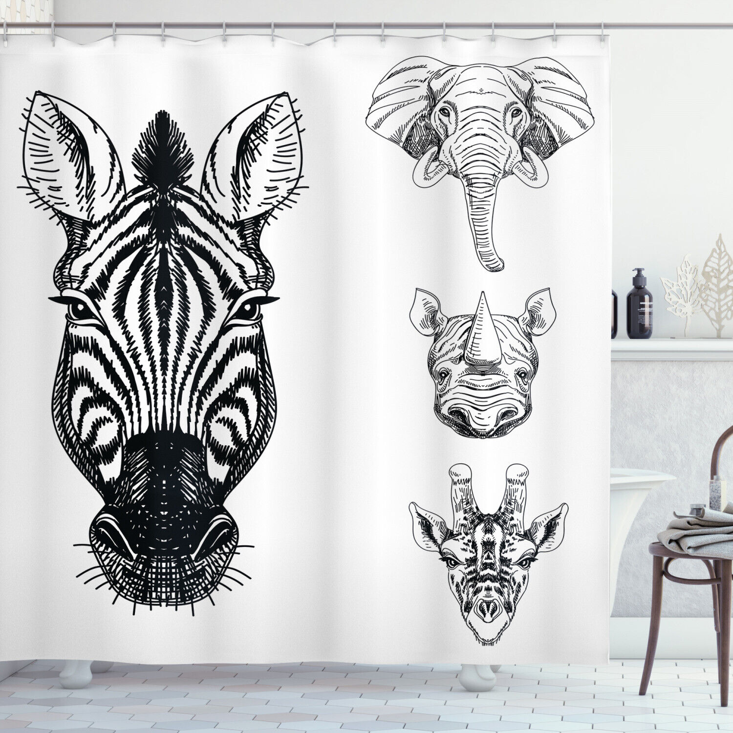 Safari Wildlife Sketch Shower Curtain For Bathroom Decor Animal Print