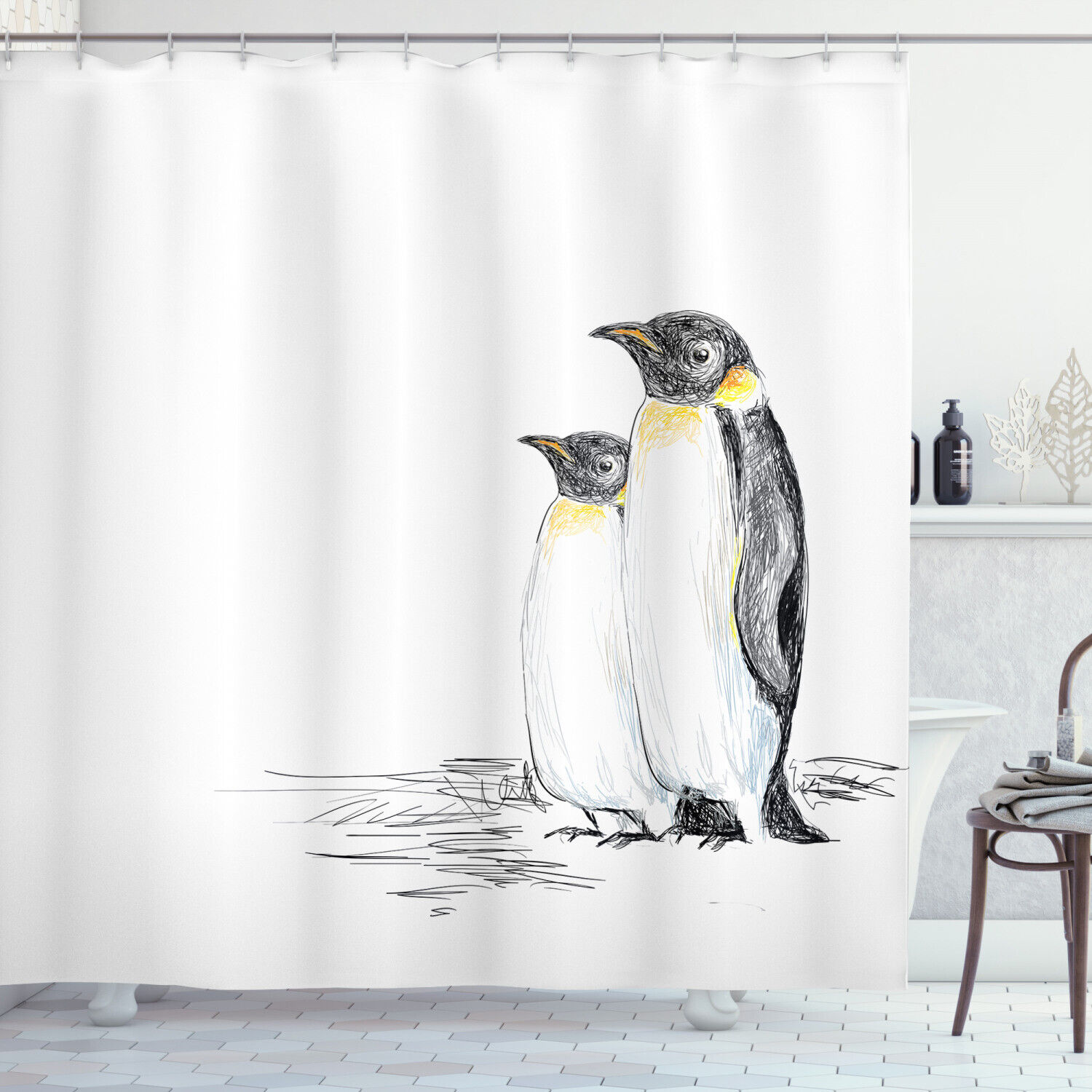 Hand Drawn Penguins Art Shower Curtain For Bathroom Decor Animal Print