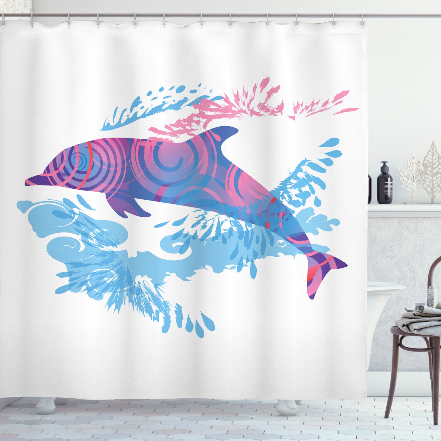 Cartoon Jumping Dolphin Animal Print Shower Curtain For Bathroom