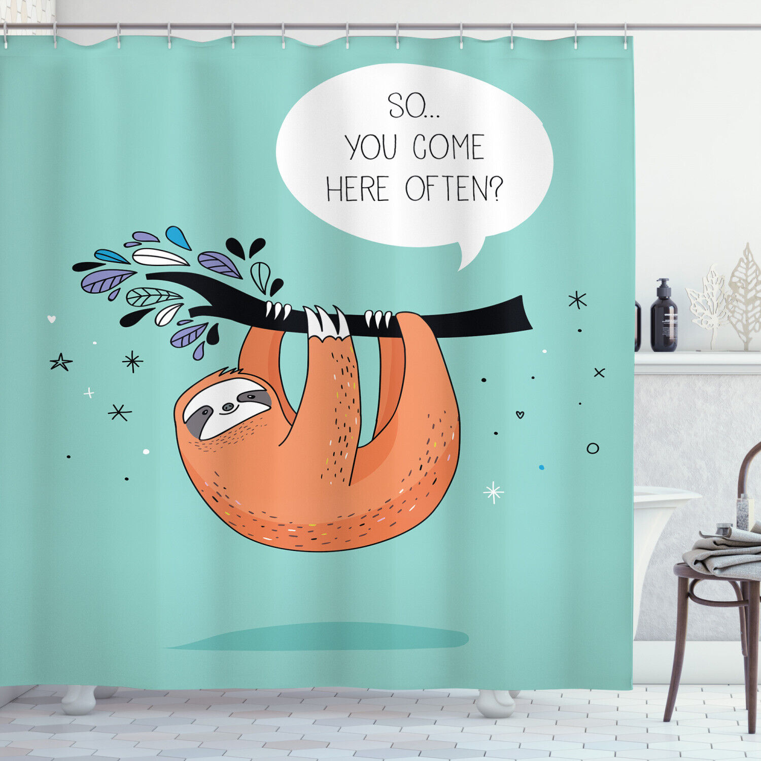 Flirty Sloth Cartoon Shower Curtain For Bathroom Decor Animal Print