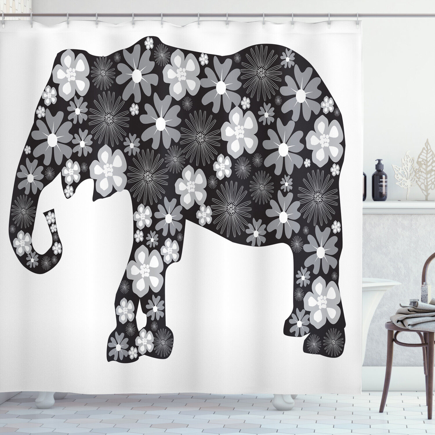 Floral Elephant Pattern Shower Curtain For Bathroom Decor Animal Print