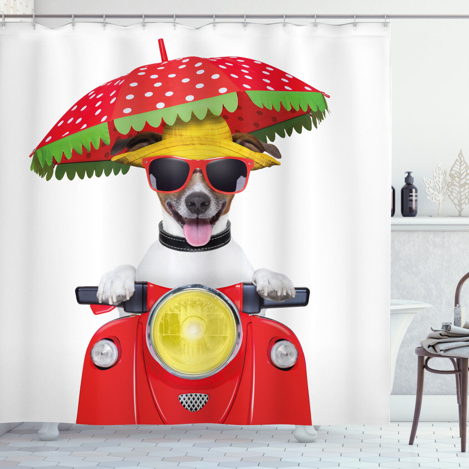 Dog Driving A Motorcycle Animal Print Shower Curtain For Bathroom