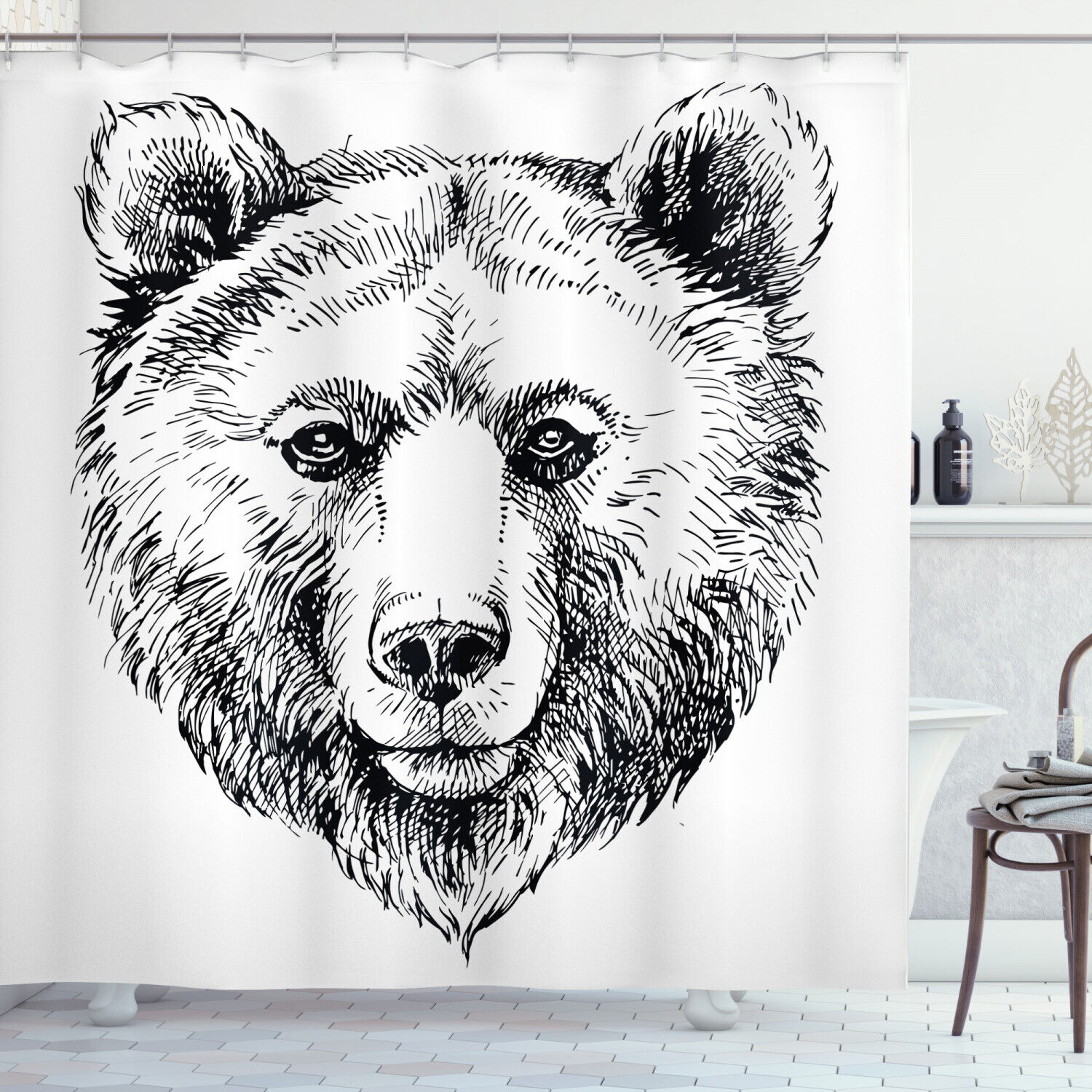 Grizzly Bear Ink Sketch Shower Curtain For Bathroom Decor Animal Print