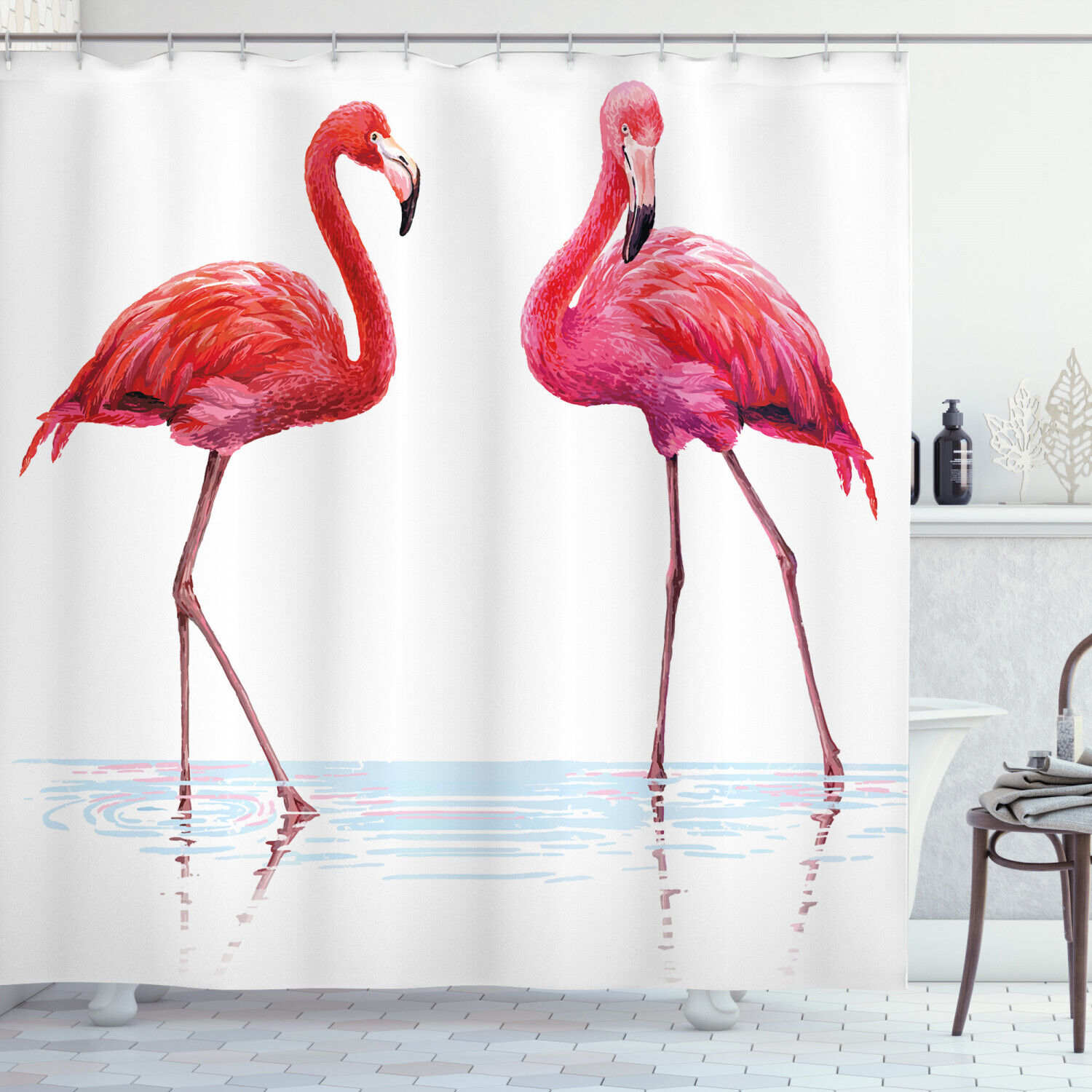Exotic Flamingos On Sea Animal Print Shower Curtain For Bathroom