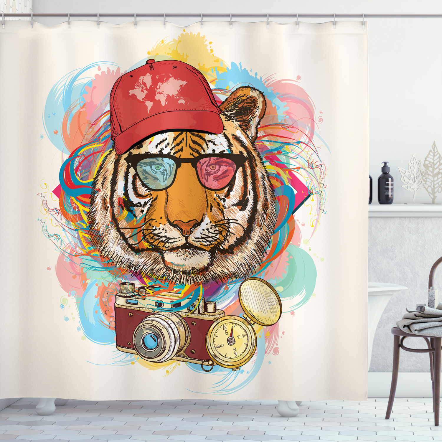 Hipster Tiger Sunglasses Shower Curtain For Bathroom Decor Animal Print