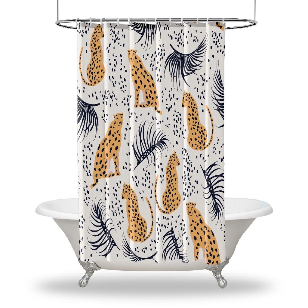 Multiple Sized Cheetah And Tropical Leaves Animal Print Waterproof Shower Curtain For Bathroom