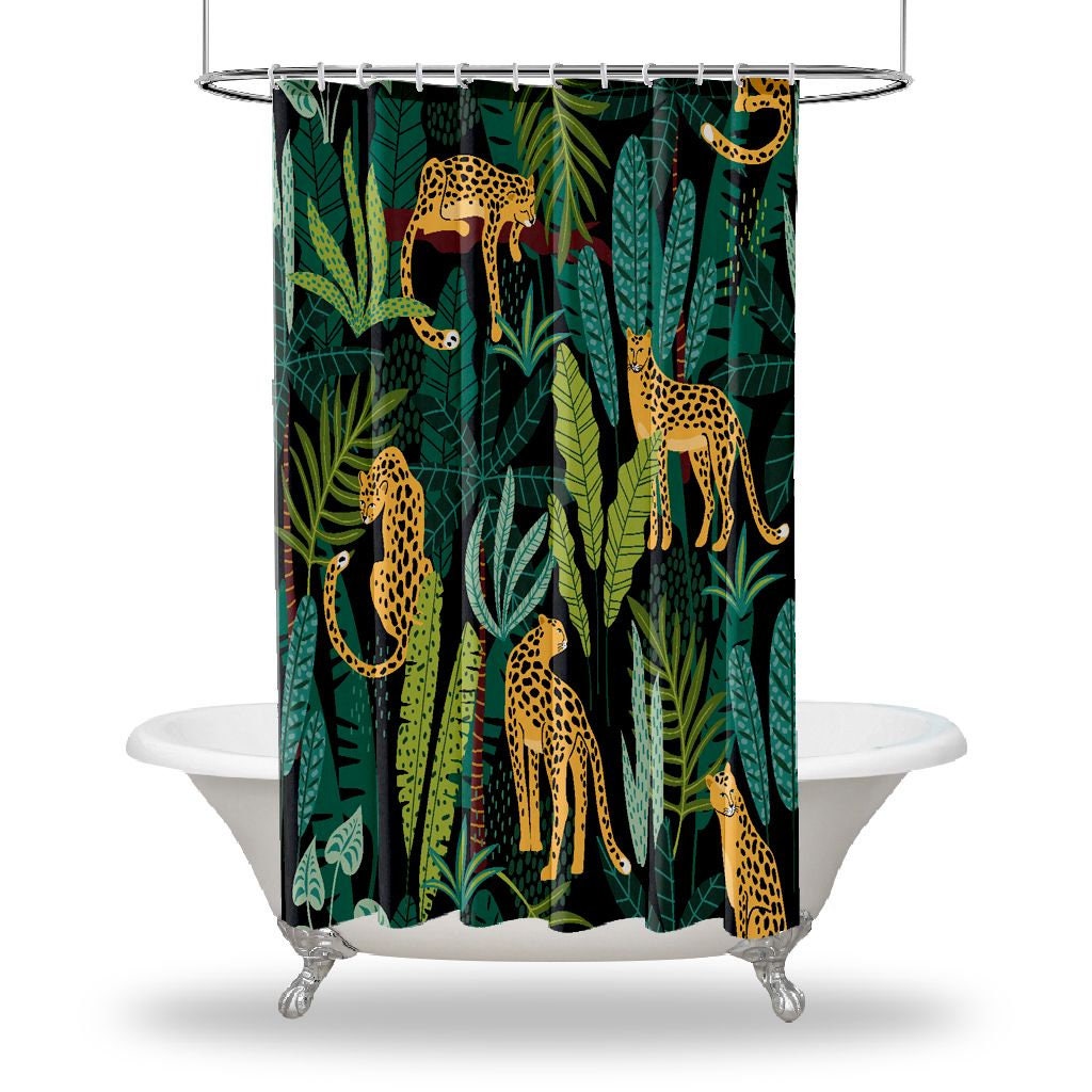 Multidimensional Leopard And Tropical Forest Animal Print Shower Curtain For Bathroom Decorations