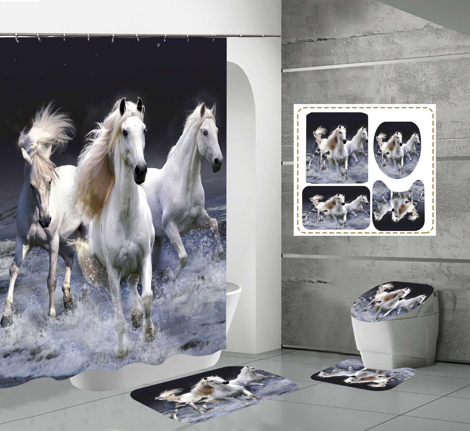 Horse Pattern Animal Print Shower Curtain With Floor Mat For Bathroom