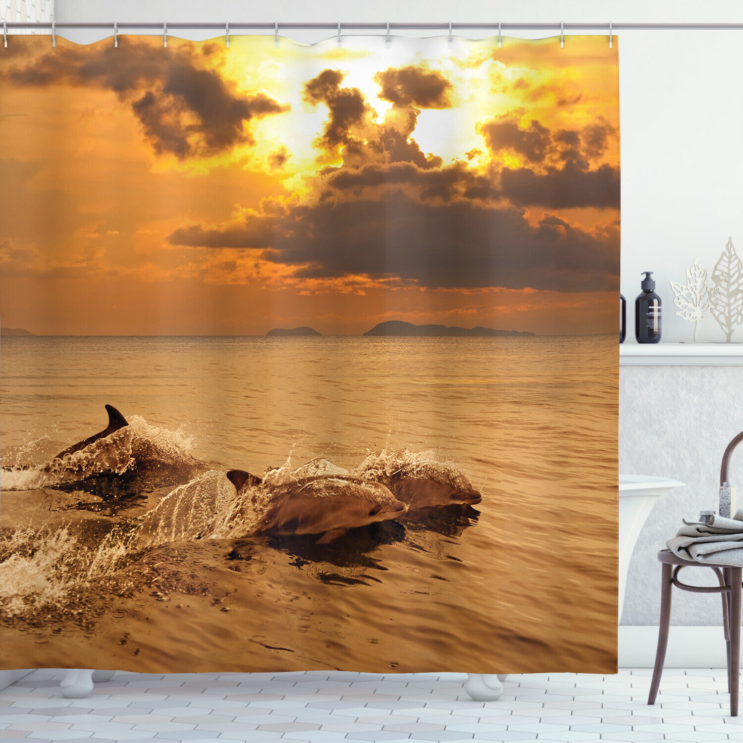 Dolphins Dusk Print Animal Print Shower Curtain For Bathroom